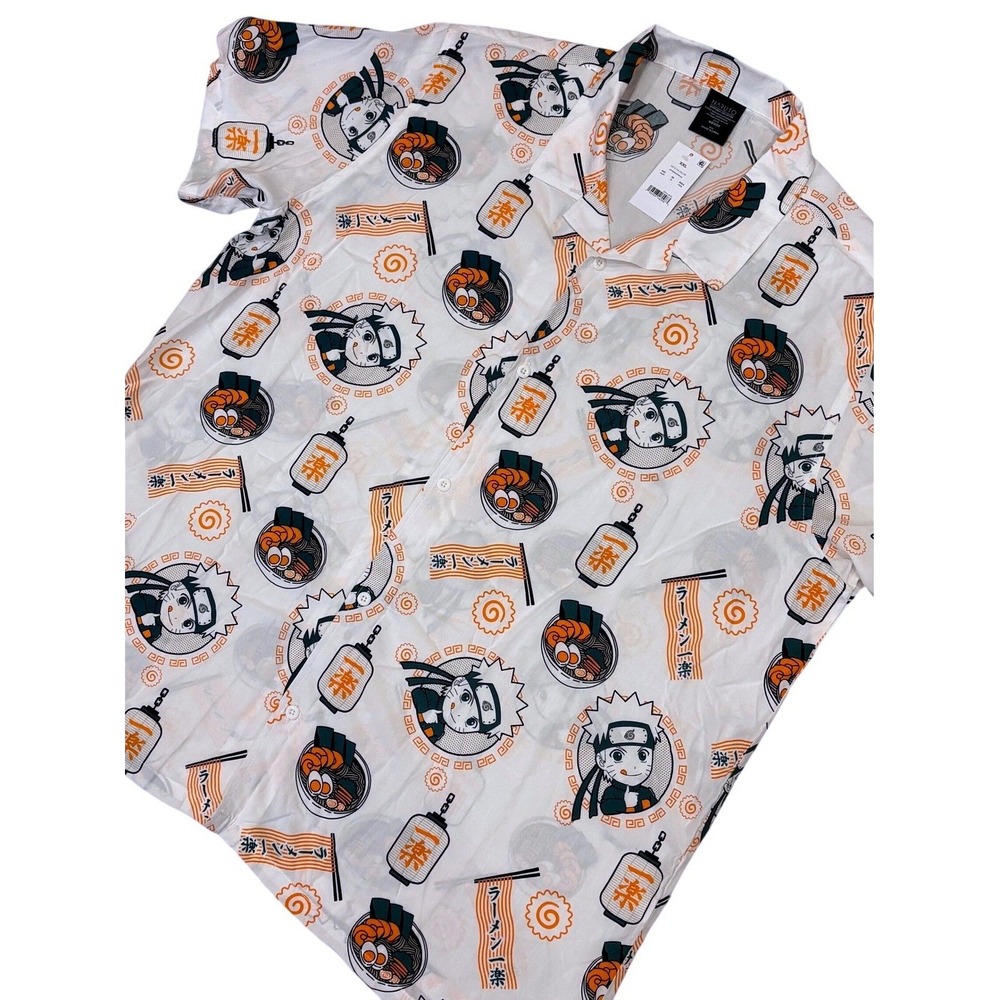 Naruto Y2K Button Up Shirt Mens XXL White‎ Ramen Ichiraku Anime Rayon NWT